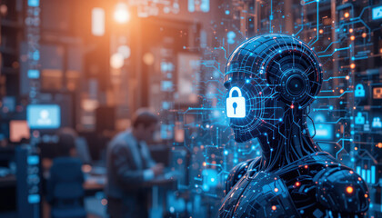 Fototapeta premium Futuristic Robot with Lock Symbol in Cybersecurity Environment and Digital Data Background