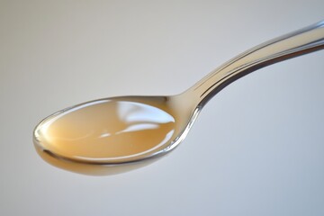 A spoonful of light amber liquid, possibly honey or syrup, glistening in the light.