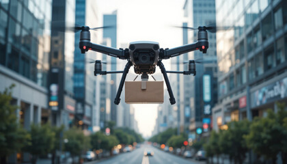 Drone Delivering Package Over Urban Cityscape with Skyscrapers and Clear Blue Sky in Daylight Scenario