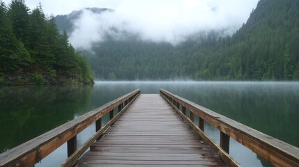 Obraz premium A wooden dock extends into a misty lake surrounded by lush green forests.