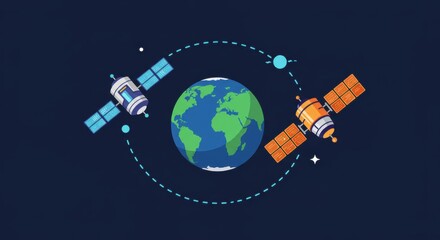 Naklejka premium Dual Satellites Orbiting Earth: Stylized Space Exploration Illustration