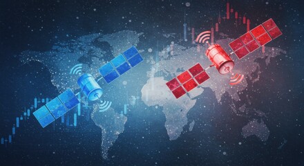 Naklejka premium Global Satellite Network: Red & Blue Communication, Market Trend Overlay