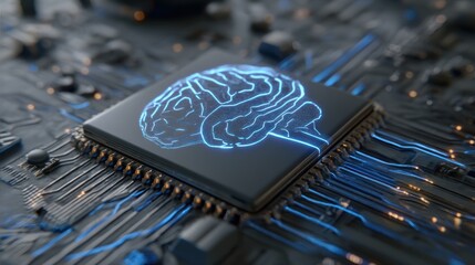 A close-up of a microchip featuring a glowing brain design, symbolizing artificial intelligence and advanced computing.
