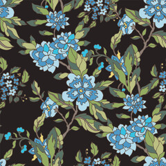 Blue Bouquet Floral Repeat Black