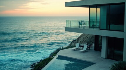 Fototapeta premium Modern coastal home overlooking the peaceful ocean waters at sunset