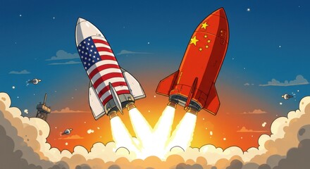 Space Race: US and China Rockets Launch into Sunset