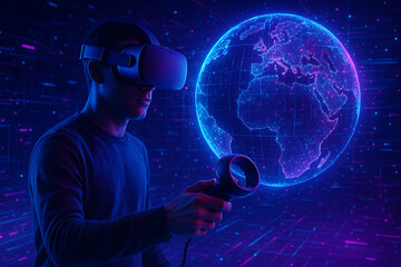 Virtual Reality Experience with VR Headset and Controller Interacting with Holographic Global Map in Futuristic Digital Environment for Immersive Technology and Connectivity
