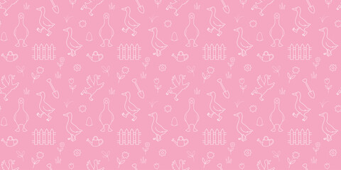 Seamless pattern with geese and garden elements on pink background
