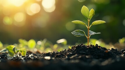 Young green plant sprouting in rich soil sunlight nature new leaf life stem view fresh earth roots