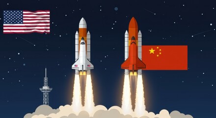 Obraz premium US & China Space Race: Dual Rocket Launch with Flags
