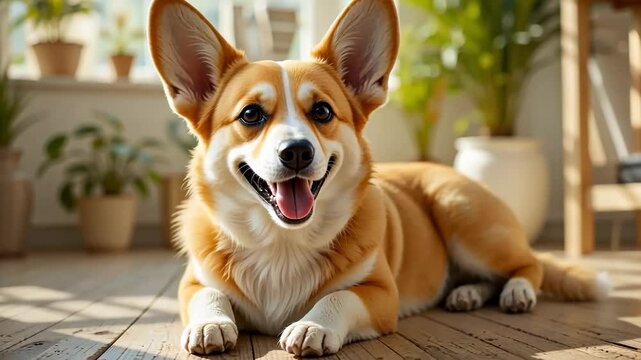 Happy corgi lays on the floor with a big smile in a bright, sunny room full of plants and natural light