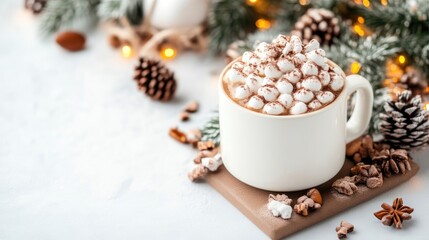 Festive hot chocolate beverage, decorated with marshmallows and cocoa powder, surrounded by Christmas elements
