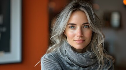 Fototapeta premium Woman with Medium Silver Hair in Gray Sweater on Coral Orange Background