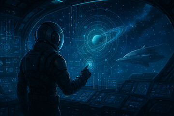 Astronaut in Spaceship Cockpit with Holographic Interface for Navigation and Space Exploration of Planet with Rings in Futuristic Cosmic Environment