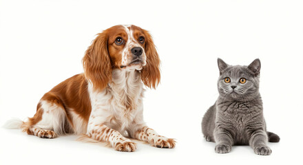 Fototapeta premium Dog and Cat Lying Together on White Background, Looking Up