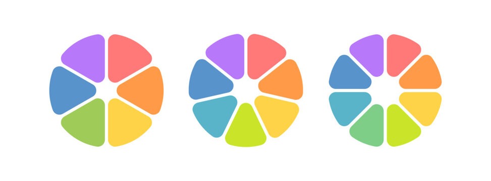 Circle division infographic icon. Pie chart divided six, seven and eight equal parts. 6, 7, 8 sectors icon. Color infographic flower round diagram. Vector illustration isolated on white background.