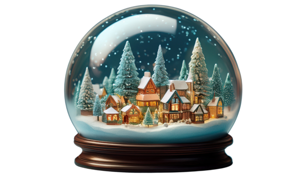 A snow globe with a tiny winter village inside, centred and isolated on transparent background