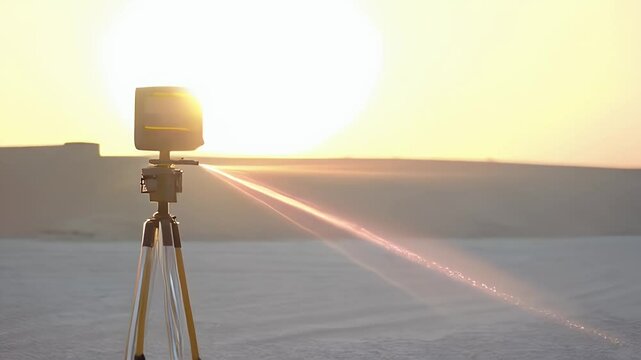 Lidar Device Measures in the Landscape at Sunrise Technological Precision for Modern Engineering and Surveying Equipment Used to Calculate and Analyze Data