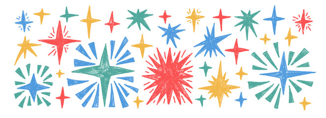 Multi colors sparks stars set. Space shine shapes and blings pencil doodle pack. Comets and blinking collection. Vector hand drawn doodle illustration isolated on white background..
