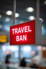 A bright red sign displays the words "TRAVEL BAN" in bold white letters, indicating restrictions at an airport or travel hub.