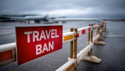 A sign indicating a travel ban at an airport, with a blurred background of an airplane and a cloudy sky.