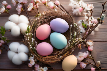 Obraz premium Pastel Easter eggs in a nest with delicate spring blossoms.