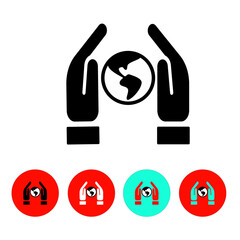 two-hands-world-sphere icon, black, white and colored buttons