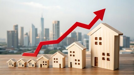 Rising house prices in a city skyline.  Concept of property investment and market growth.