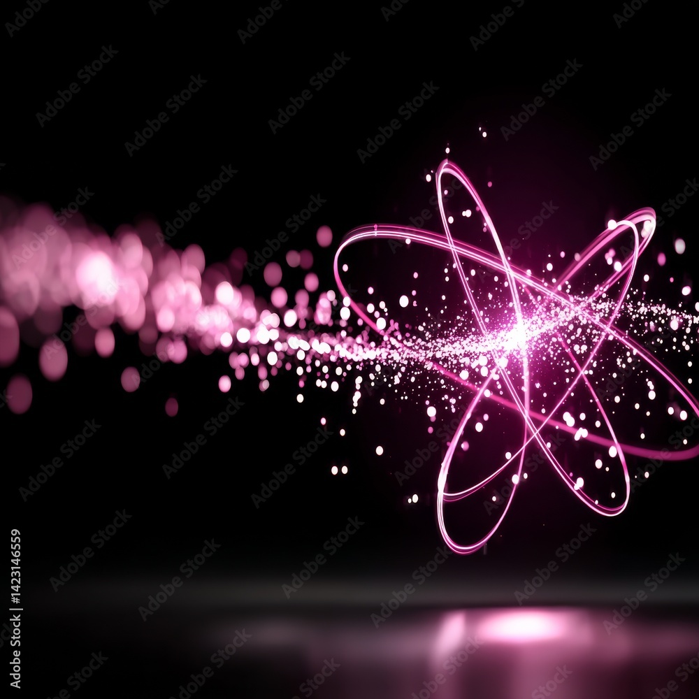 Poster Abstract Pink Particle Stream with Luminous Atomic Structure on Dark Background, a Fusion of Art and Science