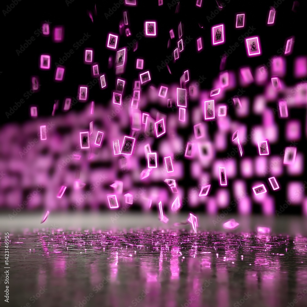 Poster a cascade of glowing pink photo frames fall into a reflective surface, creating a surreal and mesmer