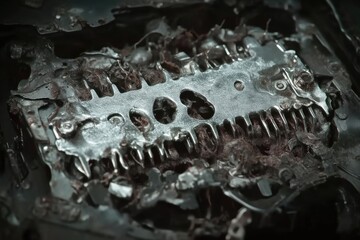 Damaged Engine Component.  Close-up of a corroded, fragmented engine part, revealing intricate metal structures and traces of dirt and debris