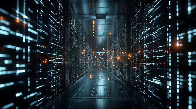 Futuristic digital server room corridor with glowing data streams dark blue code cyber light lines