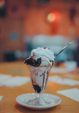 Retro-style dessert served in a cocktail glass.