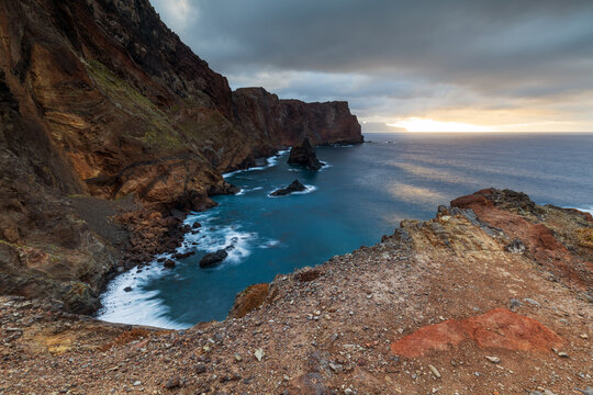 great sea landscape with rocks at sunset