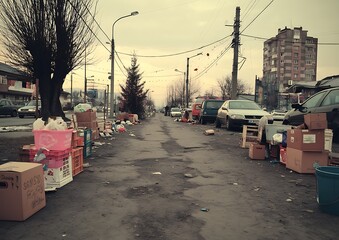Urban Street Littered with Trash
