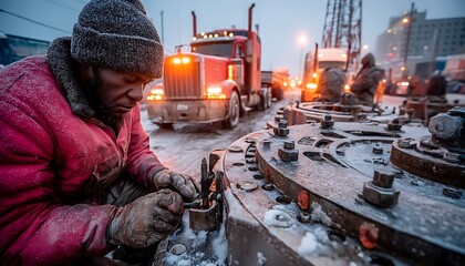 Worker repairs truck parts on snowy lot