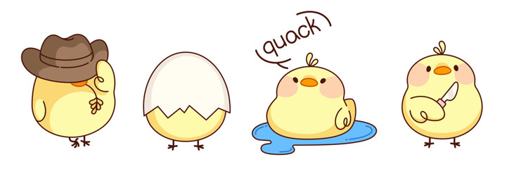 Obraz premium Comic kawaii chicken characters set isolated on white background. Vector cartoon illustration of funny yellow farm birds wearing cowboy hat, hatching eggshell, swimming in water lake, Easter mascots