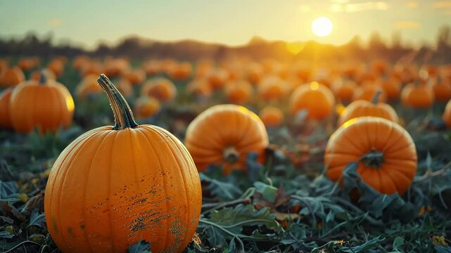 Golden sunset illuminates a pumpkin patch featuring lush green leaves and vibrant orange pumpkins ready for harvest