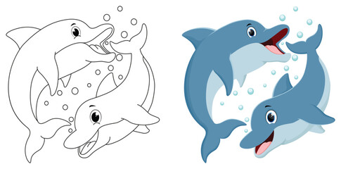 Cute dolphin cartoon coloring pages, hand drawn simple line