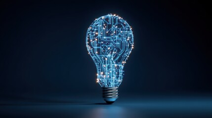 A glowing light bulb with digital circuits, symbolizing innovation and modern technology in a dark background.