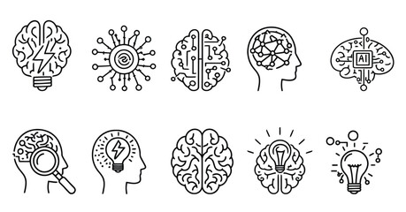 Brain and AI Technology Icon Set – Innovation, Intelligence, and Neural Network Line Art

