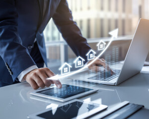 Fototapeta premium Business professional analyzing real estate market growth devices