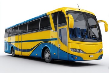 Yellow and Blue Tour Bus 3D Render on White Background: Transportation, Travel, and Tourism Concept