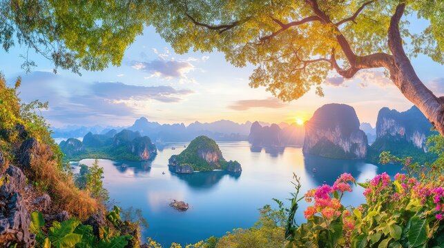 Vista panormica del ocano y montaen Tailandia, islas exticas y cielo brillante al atardecer, destino de ensue