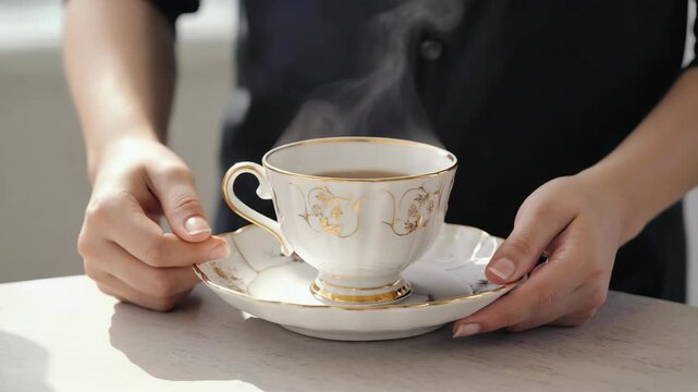 Close-up shot of a woman holding a delicate white and gold teacup and saucer with rising steam from hot beverage, indoor setting.