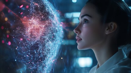 Woman observing futuristic digital network interface technology red web data blue pink dark cyber