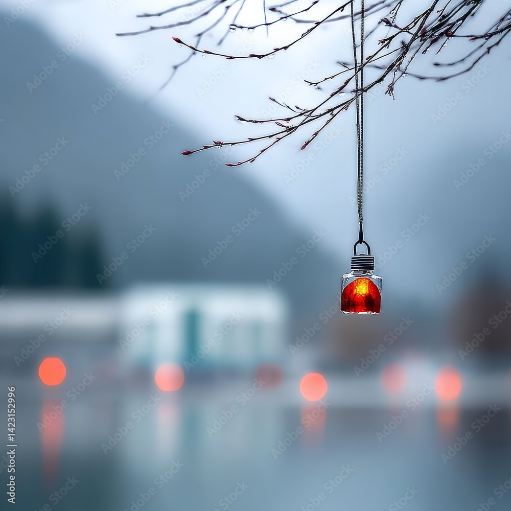 Poster Illuminated Solitude: A Red Glow in a Jar Hanging from a Branch, Embracing a Serene and Ethereal Landscape 