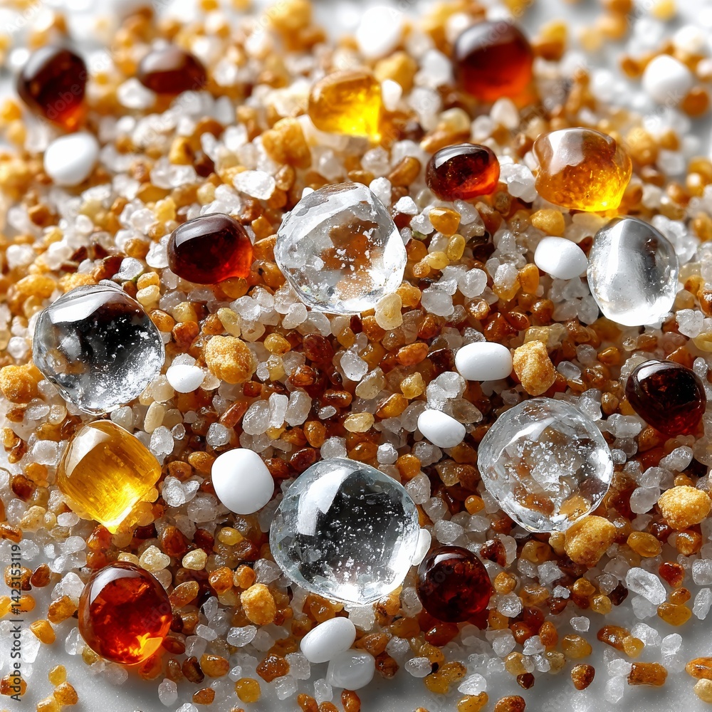 Poster Macro Composition of Varied Beads and Textured Sand: A Study in Light and Shadow, Displaying a Mix of Colors and Textures