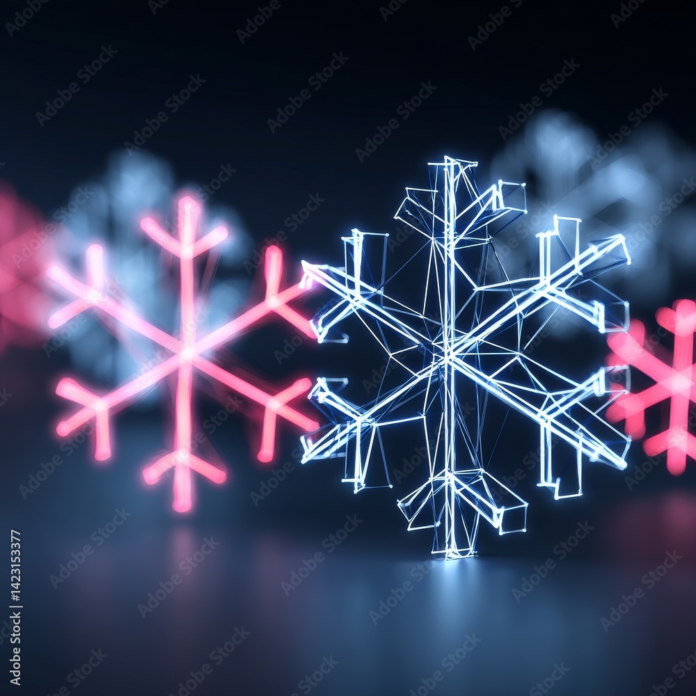 Poster neon snowflakes in abstract display: pink and blue glowing digital design on dark background