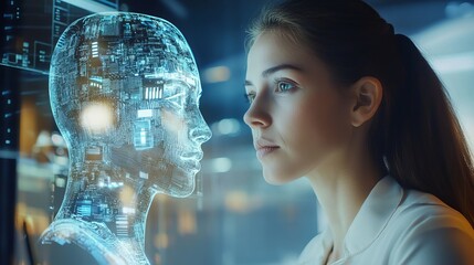 Woman observing futuristic digital ai head interface technology data blue glow cyber light human